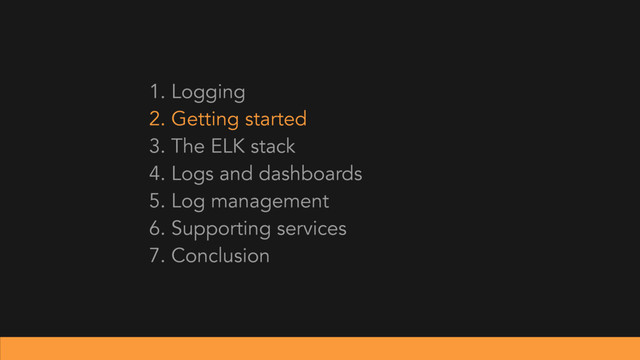 1. Logging
2. Getting started
3. The ELK stack
4. Logs and dashboards
5. Log management
6. Supporting services
7. Conclusion
