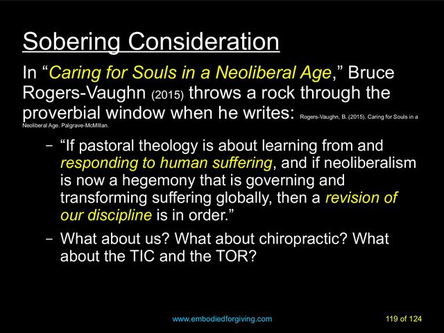 www.embodiedforgiving.com 119 of 124
Sobering Consideration
In “Caring for Souls in a Neoliberal Age,” Bruce
Rogers-Vaughn (2015)
throws a rock through the
proverbial window when he writes:
Rogers-Vaughn, B. (2015). Caring for Souls in a
Neoliberal Age. Palgrave-McMIllan.
– “If pastoral theology is about learning from and
responding to human suffering, and if neoliberalism
is now a hegemony that is governing and
transforming suffering globally, then a revision of
our discipline is in order.”
– What about us? What about chiropractic? What
about the TIC and the TOR?
