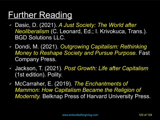 www.embodiedforgiving.com 123 of 124
Further Reading
✔
Dasic, D. (2021). A Just Society: The World after
Neoliberalism (C. Leonard, Ed.; I. Krivokuca, Trans.).
BGD Solutions LLC.
✔
Dondi, M. (2021). Outgrowing Capitalism: Rethinking
Money to Reshape Society and Pursue Purpose. Fast
Company Press.
✔
Jackson, T. (2021). Post Growth: Life after Capitalism
(1st edition). Polity.
✔
McCarraher, E. (2019). The Enchantments of
Mammon: How Capitalism Became the Religion of
Modernity. Belknap Press of Harvard University Press.
