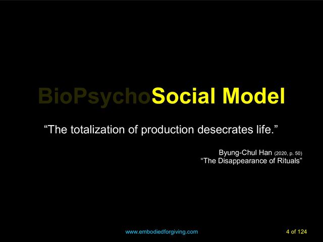 www.embodiedforgiving.com 4 of 124
BioPsychoSocial Model
BioPsychoSocial Model
“The totalization of production desecrates life.”
Byung-Chul Han (2020, p. 50)
“The Disappearance of Rituals”
