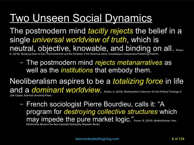 www.embodiedforgiving.com 8 of 124
Two Unseen Social Dynamics
The postmodern mind tacitly rejects
tacitly rejects the belief in a
single universal worldview of truth
universal worldview of truth, which is
neutral, objective, knowable, and binding on all.
Brown,
S. (2018). Breaking Open to God: Postmodernism and the Parables of the Historical Jesus. CreateSpace Independent Publishing Platform.
– The postmodern mind rejects metanarratives
rejects metanarratives as
well as the institutions
institutions that embody them.
Neoliberalism aspires to be a totalizing force
totalizing force in life
and a dominant worldview
dominant worldview.
Kotsko, A. (2018). Neoliberalism’s Demons: On the Political Theology of
Late Capital. Stanford University Press.
– French sociologist Pierre Bourdieu, calls it: “A
program for destroying collective structures
destroying collective structures which
may impede the pure market logic.”
Purser, R. (2019). McMindfulness: How
Mindfulness Became the New Capitalist Spirituality. Repeater Books.
