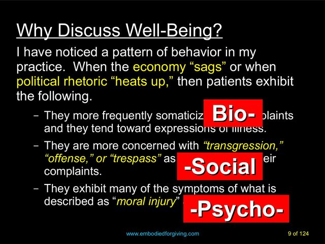 www.embodiedforgiving.com 9 of 124
Why Discuss Well-Being?
I have noticed a pattern of behavior in my
practice. When the economy “sags” or when
political rhetoric “heats up,” then patients exhibit
the following.
– They more frequently somaticize their complaints
and they tend toward expressions of illness.
– They are more concerned with “transgression,”
“offense,” or “trespass” as the etiology of their
complaints.
– They exhibit many of the symptoms of what is
described as “moral injury” (See Graham, 2017).
-Psycho-
-Psycho-
Bio-
Bio-
-Social
-Social
