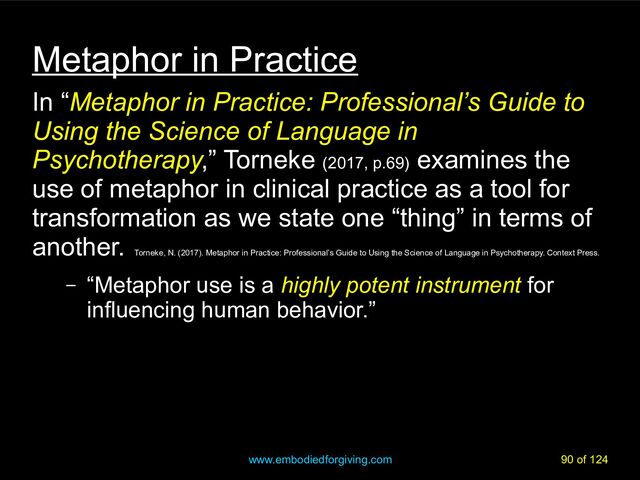 www.embodiedforgiving.com 90 of 124
Metaphor in Practice
In “Metaphor in Practice: Professional’s Guide to
Using the Science of Language in
Psychotherapy,” Torneke (2017, p.69)
examines the
use of metaphor in clinical practice as a tool for
transformation as we state one “thing” in terms of
another.
Torneke, N. (2017). Metaphor in Practice: Professional’s Guide to Using the Science of Language in Psychotherapy. Context Press.
– “Metaphor use is a highly potent instrument for
influencing human behavior.”
