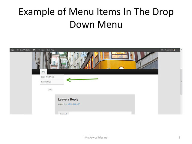 Example of Menu Items In The Drop
Down Menu
8
http://wpslides.net
