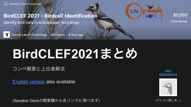 BirdCLEF2021·ͱΊ
ίϯϖ֓ཁͱ্Ґऀղ๏


English version also available
(ΞΠίϯ୳͠த...)
start
 
(@startjapan)
(Speaker Deckͷ֓ཁཝ͔Β֤ϦϯΫʹඈ΂·͢)
