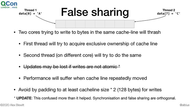 @alblue
©2020 Alex Blewitt
False sharing
• Two cores trying to write to bytes in the same cache-line will thrash

• First thread will try to acquire exclusive ownership of cache line

• Second thread (on diﬀerent core) will try to do the same

• Updates may be lost if writes are not atomic *

• Performance will suﬀer when cache line repeatedly moved

• Avoid by padding to at least cacheline size * 2 (128 bytes) for writes
Thread 1
data[0] = 'A'
Thread 2
data[7] = 'C'
* UPDATE: This confused more than it helped. Synchronisation and false sharing are orthogonal.
