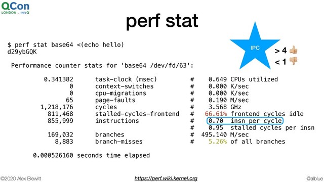 @alblue
©2020 Alex Blewitt
perf stat
$ perf stat base64 <(echo hello)
d29ybGQK
Performance counter stats for 'base64 /dev/fd/63':
0.341382 task-clock (msec) # 0.649 CPUs utilized
0 context-switches # 0.000 K/sec
0 cpu-migrations # 0.000 K/sec
65 page-faults # 0.190 M/sec
1,218,176 cycles # 3.568 GHz
811,468 stalled-cycles-frontend # 66.61% frontend cycles idle
855,999 instructions # 0.70 insn per cycle
# 0.95 stalled cycles per insn
169,032 branches # 495.140 M/sec
8,883 branch-misses # 5.26% of all branches
0.000526160 seconds time elapsed
https://perf.wiki.kernel.org
IPC > 4 *
< 1 +
