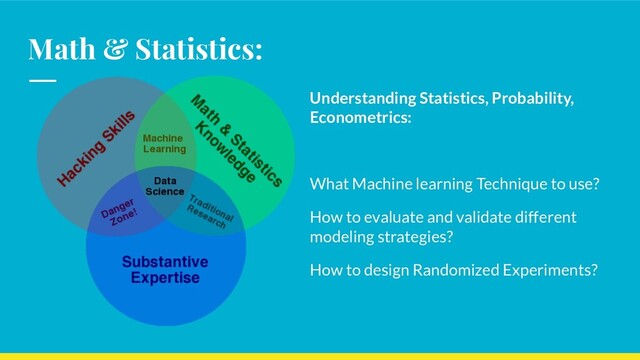 Math & Statistics:
Understanding Statistics, Probability,
Econometrics:
What Machine learning Technique to use?
How to evaluate and validate different
modeling strategies?
How to design Randomized Experiments?
