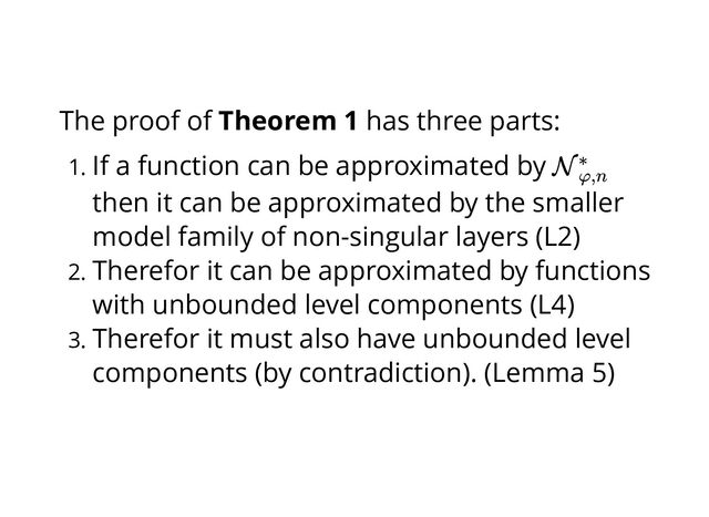 The proof of Theorem 1 has three parts:
1. If a function can be approximated by
then it can be approximated by the smaller
model family of non-singular layers (L2)
2. Therefor it can be approximated by functions
with unbounded level components (L4)
3. Therefor it must also have unbounded level
components (by contradiction). (Lemma 5)
Nφ,n
∗
