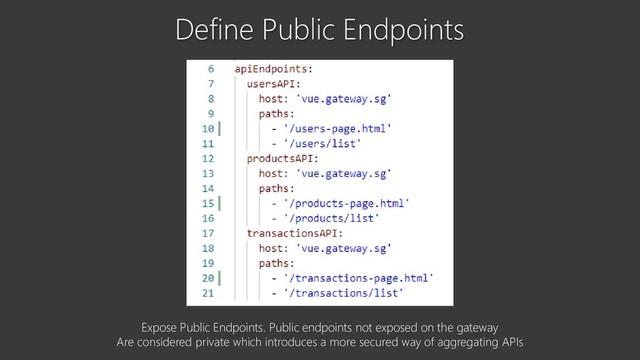 Define Public Endpoints
Expose Public Endpoints. Public endpoints not exposed on the gateway
Are considered private which introduces a more secured way of aggregating APIs
