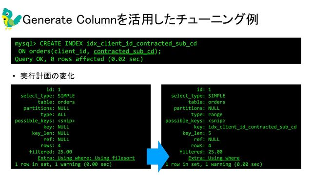 Generate Columnを活用したチューニング例 
mysql> CREATE INDEX idx_client_id_contracted_sub_cd
ON orders(client_id, contracted_sub_cd);
Query OK, 0 rows affected (0.02 sec)
id: 1
select_type: SIMPLE
table: orders
partitions: NULL
type: range
possible_keys: 
key: idx_client_id_contracted_sub_cd
key_len: 5
ref: NULL
rows: 4
filtered: 25.00
Extra: Using where
1 row in set, 1 warning (0.00 sec)
id: 1
select_type: SIMPLE
table: orders
partitions: NULL
type: ALL
possible_keys: 
key: NULL
key_len: NULL
ref: NULL
rows: 4
filtered: 25.00
Extra: Using where; Using filesort
1 row in set, 1 warning (0.00 sec)
• 実行計画の変化 
