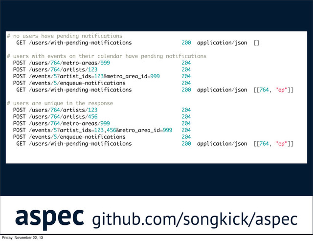 aspec github.com/songkick/aspec
# no users have pending notifications
GET /users/with-pending-notifications 200 application/json []
# users with events on their calendar have pending notifications
POST /users/764/metro-areas/999 204
POST /users/764/artists/123 204
POST /events/5?artist_ids=123&metro_area_id=999 204
POST /events/5/enqueue-notifications 204
GET /users/with-pending-notifications 200 application/json [[764, "ep"]]
# users are unique in the response
POST /users/764/artists/123 204
POST /users/764/artists/456 204
POST /users/764/metro-areas/999 204
POST /events/5?artist_ids=123,456&metro_area_id=999 204
POST /events/5/enqueue-notifications 204
GET /users/with-pending-notifications 200 application/json [[764, "ep"]]
Friday, November 22, 13
