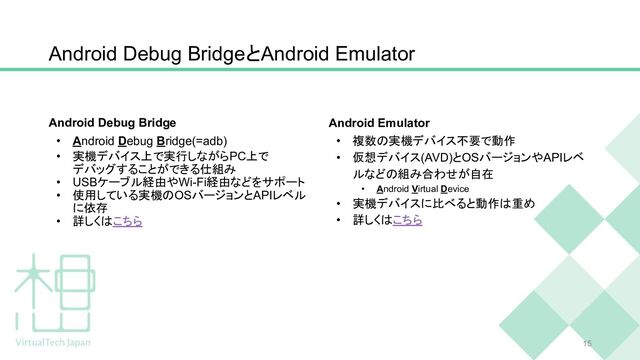 • Android Debug Bridge(=adb)
• 実機デバイス上で実行しながらPC上で
デバッグすることができる仕組み
• USBケーブル経由やWi-Fi経由などをサポート
• 使用している実機のOSバージョンとAPIレベル
に依存
• 詳しくはこちら
• 複数の実機デバイス不要で動作
• 仮想デバイス(AVD)とOSバージョンやAPIレベ
ルなどの組み合わせが自在
• Android Virtual Device
• 実機デバイスに比べると動作は重め
• 詳しくはこちら
Android Debug Bridge
Android Debug BridgeとAndroid Emulator
15
Android Emulator
