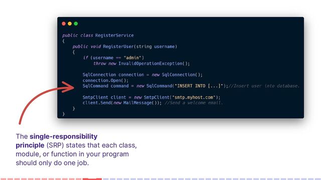 The single-responsibility
principle (SRP) states that each class,
module, or function in your program
should only do one job.

