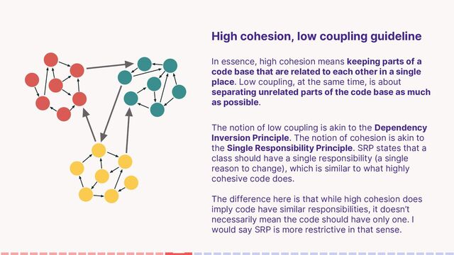 High cohesion, low coupling guideline
In essence, high cohesion means keeping parts of a
code base that are related to each other in a single
place. Low coupling, at the same time, is about
separating unrelated parts of the code base as much
as possible.
The notion of low coupling is akin to the Dependency
Inversion Principle. The notion of cohesion is akin to
the Single Responsibility Principle. SRP states that a
class should have a single responsibility (a single
reason to change), which is similar to what highly
cohesive code does.
The difference here is that while high cohesion does
imply code have similar responsibilities, it doesn’t
necessarily mean the code should have only one. I
would say SRP is more restrictive in that sense.
