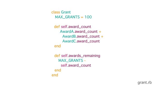 class Grant 
MAX_GRANTS = 100
def self.award_count
AwardA.award_count + 
AwardB.award_count + 
AwardC.award_count
end 
 
def self.awards_remaining
MAX_GRANTS -
self.award_count
end
end
grant.rb
