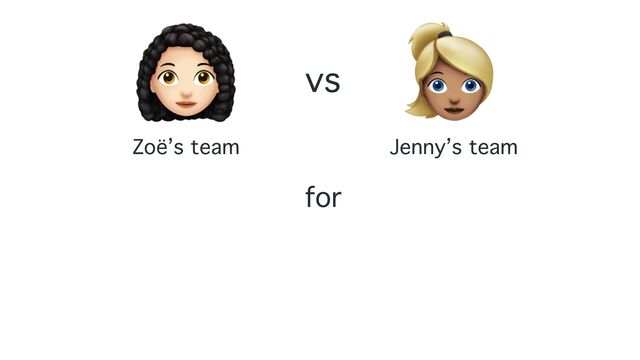 👩🦱
Zoë’s team
vs
👱
Jenny’s team
for
