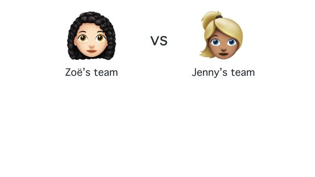 👩🦱
Zoë’s team
vs
👱
Jenny’s team
