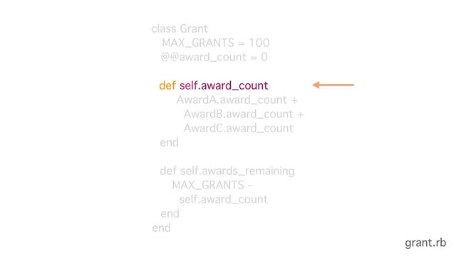 class Grant 
MAX_GRANTS = 100
@@award_count = 0
def self.award_count
AwardA.award_count + 
AwardB.award_count + 
AwardC.award_count
end 
 
def self.awards_remaining
MAX_GRANTS -
self.award_count
end
end
grant.rb
