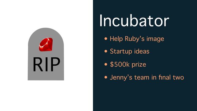 Incubator
• Help Ruby’s image
• Startup ideas
• $500k prize
• Jenny’s team in
fi
nal two
RIP
