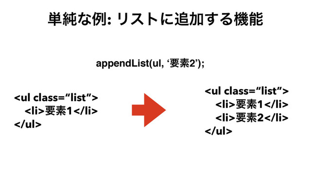 appendList(ul, ‘ཁૉ2’);
<ul class="“list”">
<li>ཁૉ1</li>
<li>ཁૉ2</li>
</ul>
<ul class="“list”">
<li>ཁૉ1</li>
</ul>
୯७ͳྫ: Ϧετʹ௥Ճ͢Δػೳ
