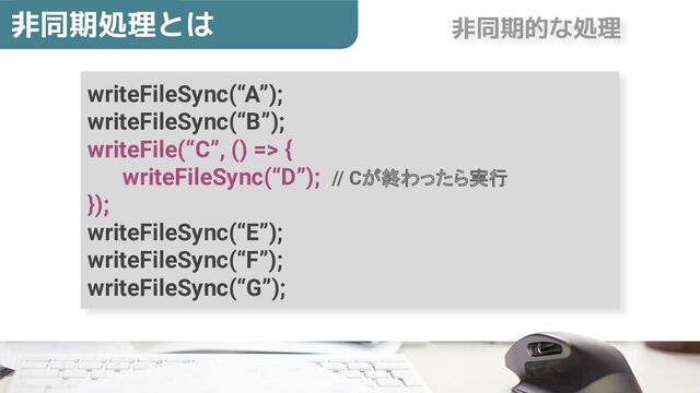 writeFileSync(“A”);
writeFileSync(“B”);
writeFile(“C”, () => {
writeFileSync(“D”); // Cが終わったら実行
});
writeFileSync(“E”);
writeFileSync(“F”);
writeFileSync(“G”);
非同期処理とは 非同期的な処理
