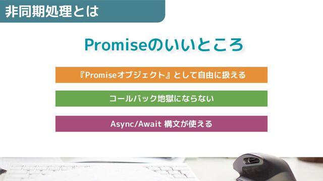 コールバック地獄にならない
『Promiseオブジェクト』として自由に扱える
Async/Await 構文が使える
Promiseのいいところ
非同期処理とは
