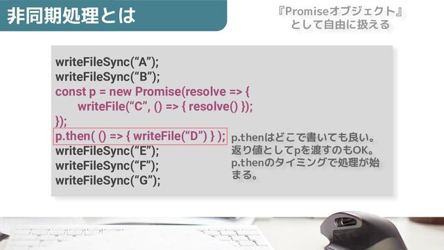 writeFileSync(“A”);
writeFileSync(“B”);
const p = new Promise(resolve => {
writeFile(“C”, () => { resolve() });
});
p.then( () => { writeFile(“D”) } );
writeFileSync(“E”);
writeFileSync(“F”);
writeFileSync(“G”);
非同期処理とは 『Promiseオブジェクト』
として自由に扱える
p.thenはどこで書いても良い。
返り値としてpを渡すのもOK。
p.thenのタイミングで処理が始
まる。
