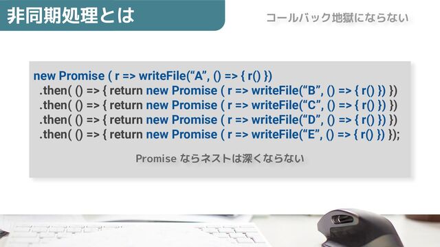 new Promise ( r => writeFile(“A”, () => { r() })
.then( () => { return new Promise ( r => writeFile(“B”, () => { r() }) })
.then( () => { return new Promise ( r => writeFile(“C”, () => { r() }) })
.then( () => { return new Promise ( r => writeFile(“D”, () => { r() }) })
.then( () => { return new Promise ( r => writeFile(“E”, () => { r() }) });
非同期処理とは コールバック地獄にならない
Promise ならネストは深くならない
