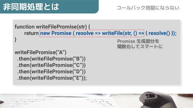 function writeFilePromise(str) {
return new Promise ( resolve => writeFile(str, () => { resolve() });
}
writeFilePromise(“A”)
.then(writeFilePromise(“B”))
.then(writeFilePromise(“C”))
.then(writeFilePromise(“D”))
.then(writeFilePromise(“E”));
非同期処理とは コールバック地獄にならない
Promise 生成部分を
関数化してスマートに

