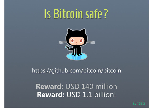 Is Bitcoin safe?
https://github.com/bitcoin/bitcoin
Reward: USD 140 million
Reward: USD 1.1 billion!

