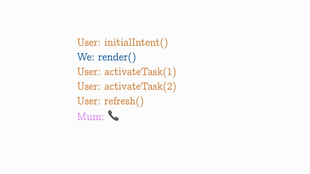 User: initialIntent()
We: render()
User: activateTask(1)
User: activateTask(2)
User: refresh()
Mum: 
Android: you.onStop()
