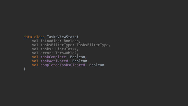 data class TasksViewState(z
val isLoading: Boolean,
val tasksFilterType: TasksFilterType,
val tasks: List,
val error: Throwable?,
val taskComplete: Boolean,
val taskActivated: Boolean,
val completedTasksCleared: Boolean
)@
