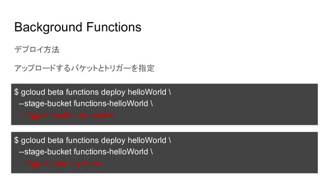 Background Functions
デプロイ方法
アップロードするバケットとトリガーを指定
$ gcloud beta functions deploy helloWorld \
--stage-bucket functions-helloWorld \
--trigger-bucket my-bucket
$ gcloud beta functions deploy helloWorld \
--stage-bucket functions-helloWorld \
--trigger-topic my-topic
