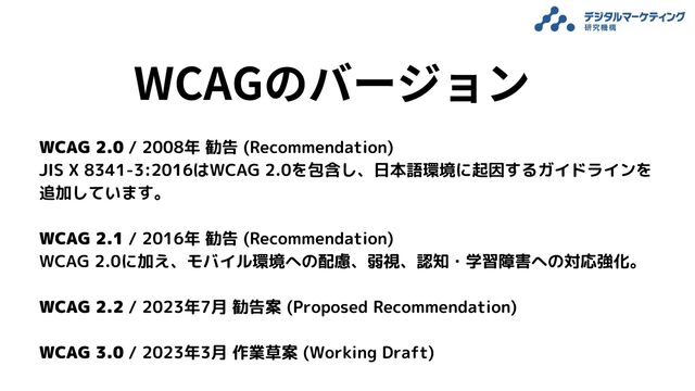 WCAGのバージョン

WCAG 2.0 / 2008年 勧告 (Recommendation)
JIS X 8341-3:2016はWCAG 2.0を包含し、日本語環境に起因するガイドラインを追加しています。

WCAG 2.1 / 2016年 勧告 (Recommendation)
WCAG 2.0に加え、モバイル環境への配慮、弱視、認知・学習障害への対応強化。

WCAG 2.2 / 2023年7月 勧告案 (Proposed Recommendation)

WCAG 3.0 / 2023年3月 作業草案 (Working Draft)
