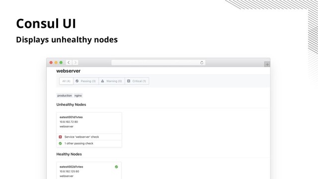 Consul UI
Displays unhealthy nodes
