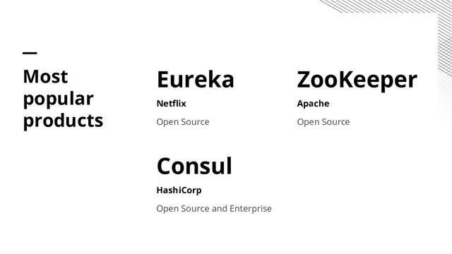 Eureka
Netflix
Open Source
Consul
HashiCorp
Open Source and Enterprise
ZooKeeper
Apache
Open Source
Most
popular
products
