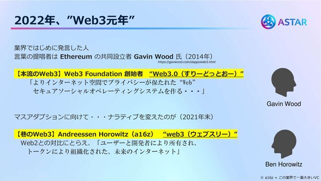 2022年、”Web3元年”
業界ではじめに発言した人
言葉の提唱者は Ethereum の共同設立者 Gavin Wood 氏（2014年）
【本流のWeb3】Web3 Foundation 創始者 “Web3.0（すりーどっとおー）”
「よりインターネット空間でプライバシーが保たれた“Web”
セキュアソーシャルオペレーティングシステムを作る・・・」
マスアダプションに向けて・・・ナラティブを変えたのが（2021年末）
【巷のWeb3】Andreessen Horowitz（a16z） “web3（ウェブスリー）”
Web2との対比にとらえ、「ユーザーと開発者により所有され、
トークンにより組織化された、未来のインターネット」
Gavin Wood
Ben Horowitz
※ a16z = この業界で一番大きいVC
https://gavwood.com/dappsweb3.html
