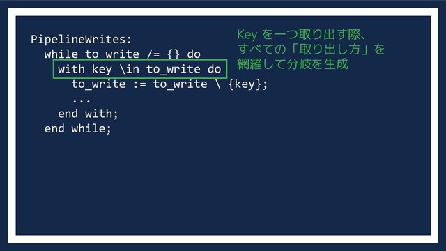 PipelineWrites:
while to_write /= {} do
with key \in to_write do
to_write := to_write \ {key};
...
end with;
end while;
Key を一つ取り出す際、
すべての「取り出し方」を
網羅して分岐を生成
