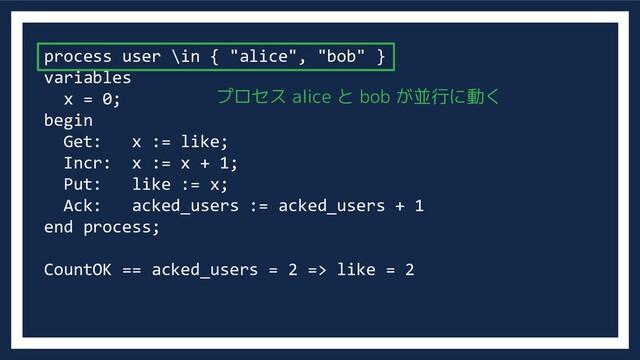 process user \in { "alice", "bob" }
variables
x = 0;
begin
Get: x := like;
Incr: x := x + 1;
Put: like := x;
Ack: acked_users := acked_users + 1
end process;
CountOK == acked_users = 2 => like = 2
プロセス alice と bob が並行に動く
