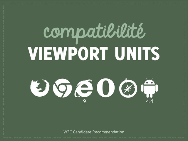compatibilité
VIEWPORT UNITS
9 4.4
W3C Candidate Recommendation
