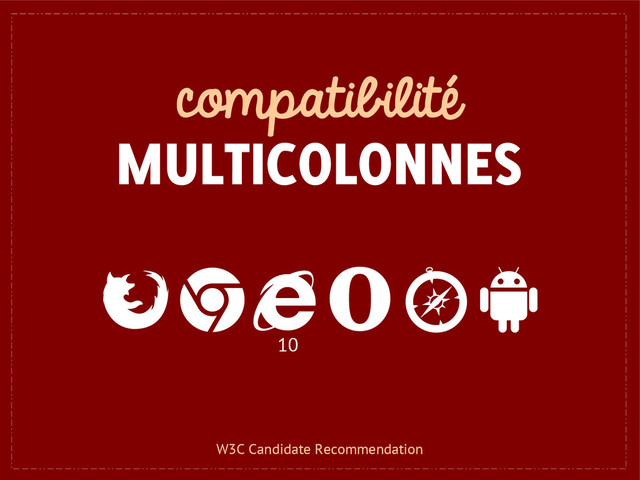 compatibilité
MULTICOLONNES
10
W3C Candidate Recommendation
