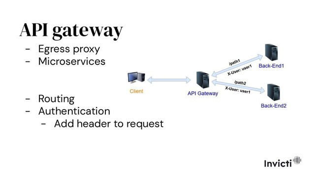 API gateway
- Egress proxy
- Microservices
- Routing
- Authentication
- Add header to request
