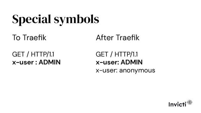 Special symbols
To Traeﬁk
GET / HTTP/1.1
x-user : ADMIN
After Traeﬁk
GET / HTTP/1.1
x-user: ADMIN
x-user: anonymous
