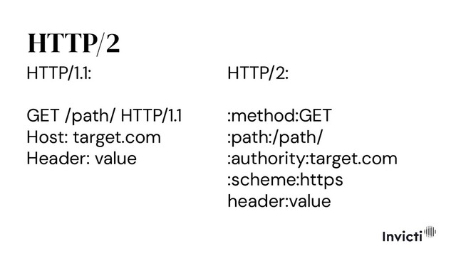 HTTP/2
HTTP/1.1:
GET /path/ HTTP/1.1
Host: target.com
Header: value
HTTP/2:
:method:GET
:path:/path/
:authority:target.com
:scheme:https
header:value
