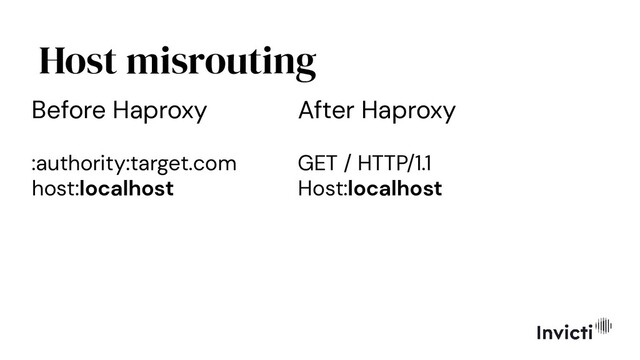 Host misrouting
Before Haproxy
:authority:target.com
host:localhost
After Haproxy
GET / HTTP/1.1
Host:localhost
