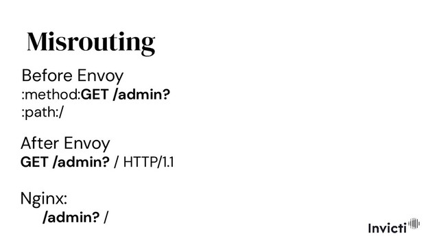Misrouting
Before Envoy
:method:GET /admin?
:path:/
After Envoy
GET /admin? / HTTP/1.1
Nginx:
/admin? /
