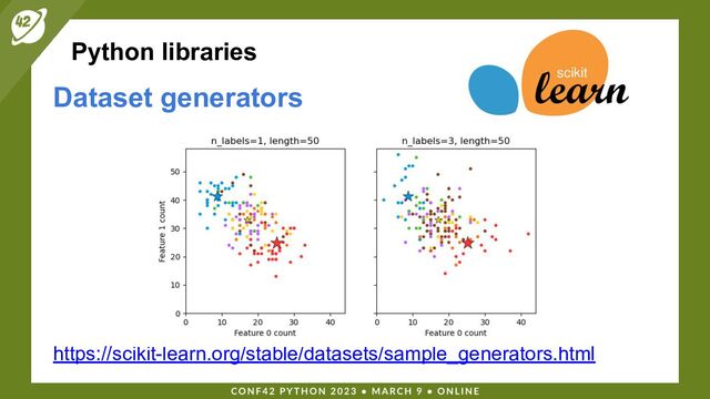 Python libraries
Dataset generators
https://scikit-learn.org/stable/datasets/sample_generators.html
