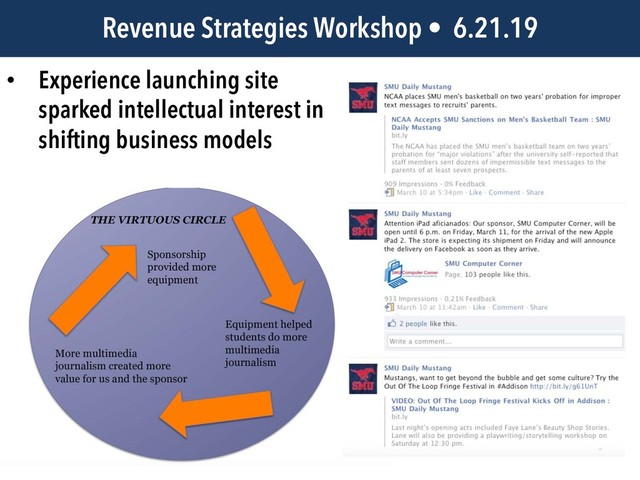 JEM 499 • @jbatsell • 10.7.14
Revenue Strategies Workshop • 6.21.19
• Experience launching site
sparked intellectual interest in
shifting business models
