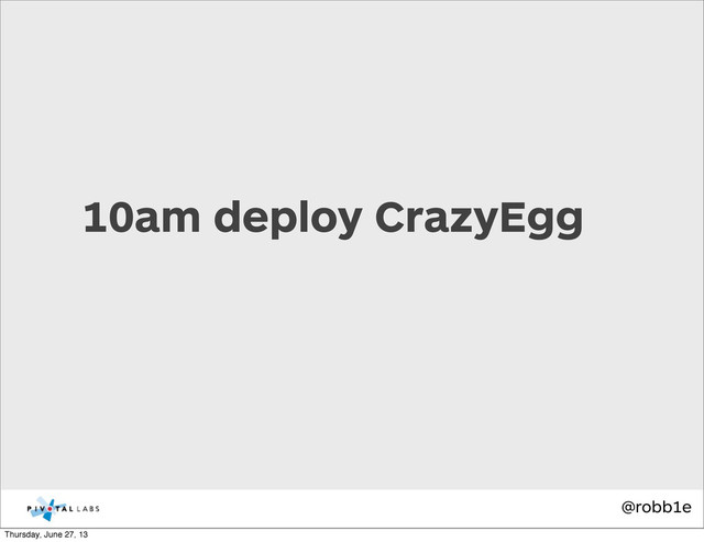 @robb1e
10am deploy CrazyEgg
Thursday, June 27, 13

